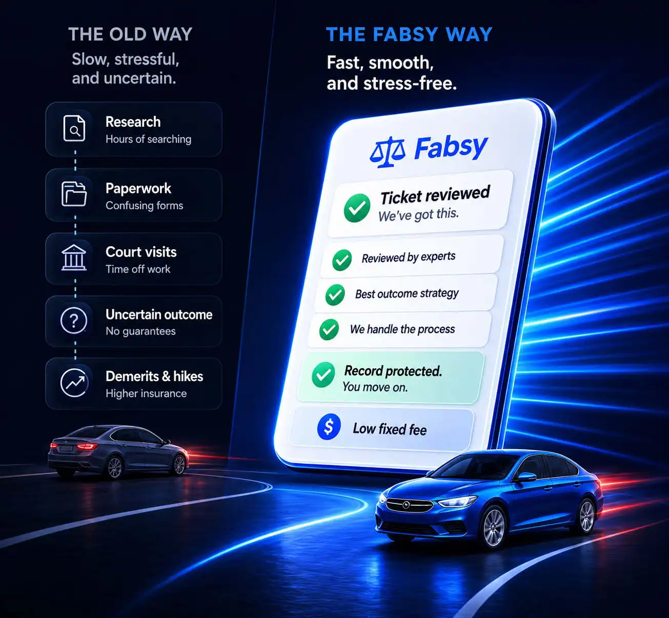 Fighting an Alberta traffic ticket on your own versus with Fabsy: ticket reviewed, reviewed by experts, best outcome strategy, we handle the process, record protected, low fixed fee.