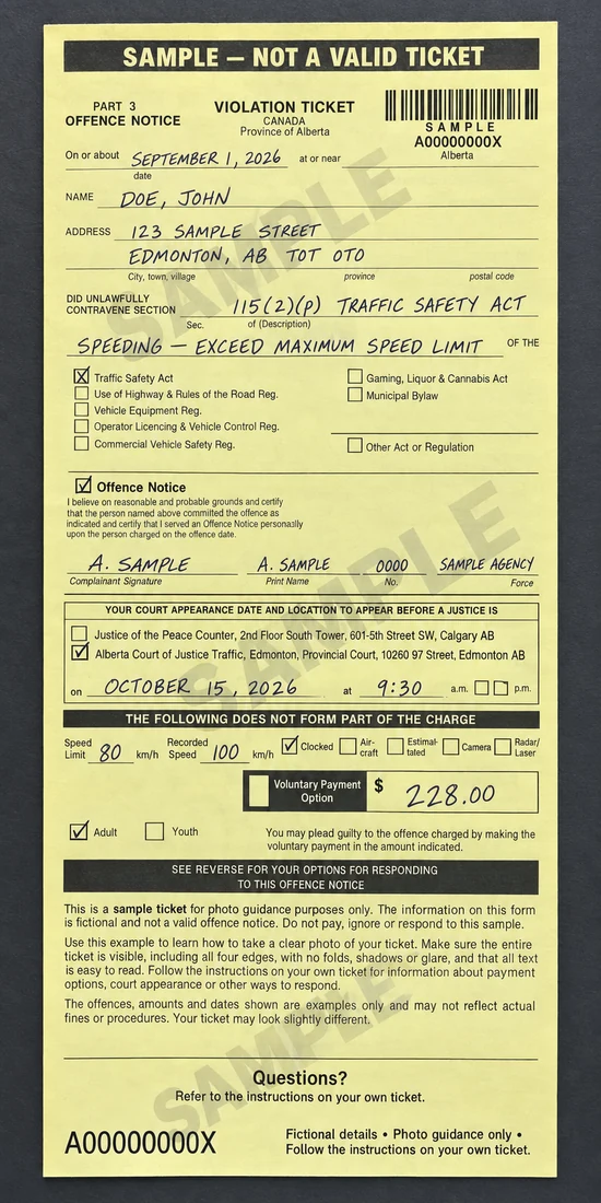 Yellow paper ticket from Alberta, with fictional John Doe details, photographed flat with all four edges visible.